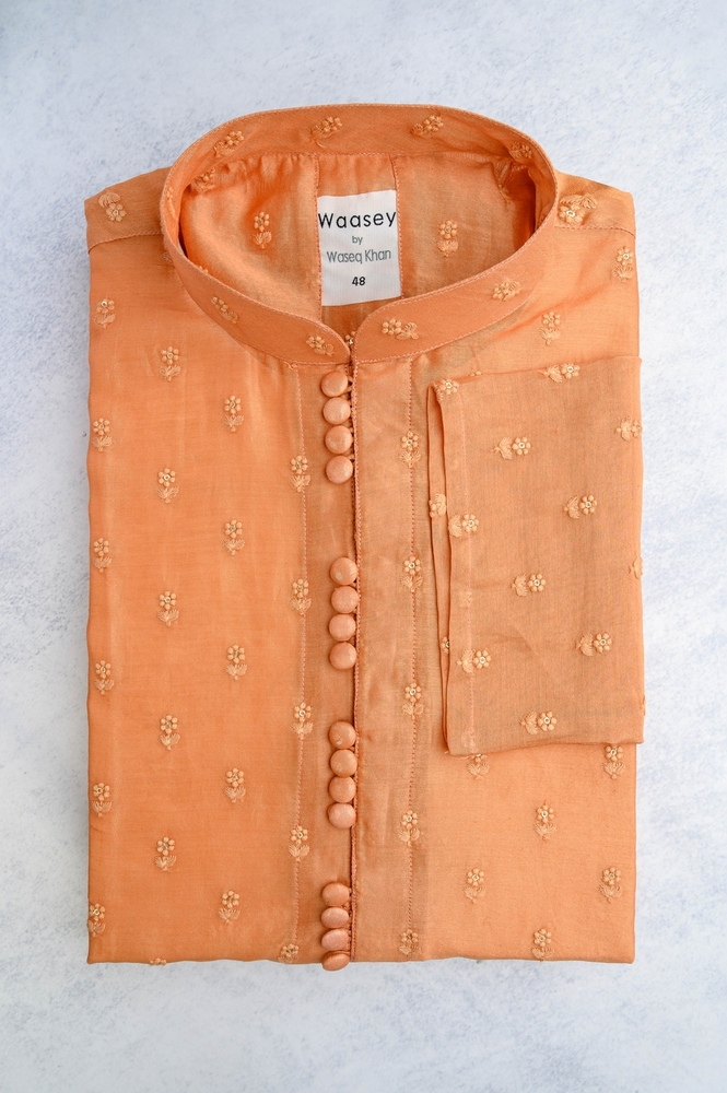 Orange Panjabi with Floral Accents